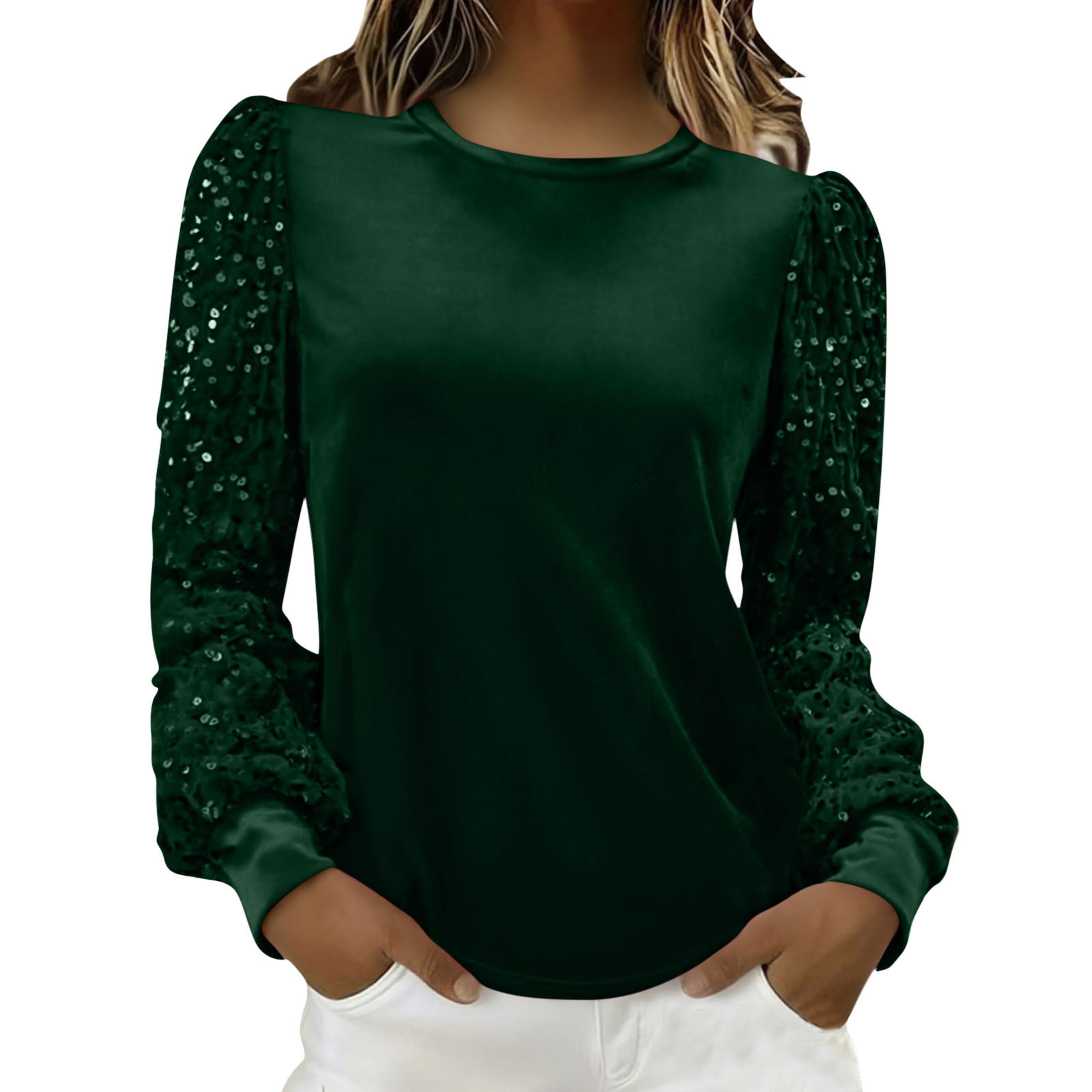 Velvet Crew-Neck Sequin-Patchwork Long-Sleeve T-Shirt Top - Image 10