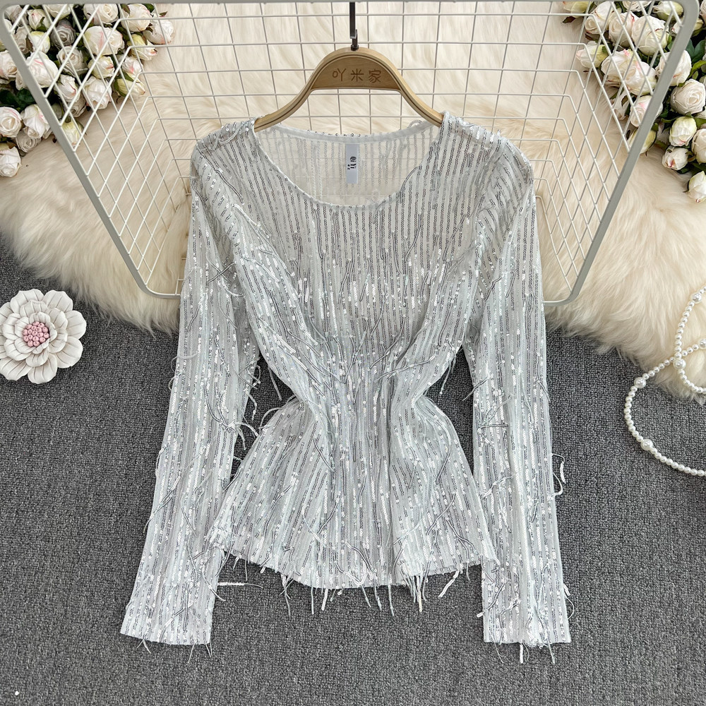 Womens Casual Loose Top With Round Neck Tassels And Sequins - Image 7