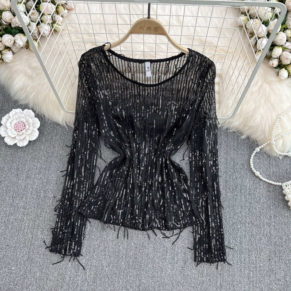 Womens Casual Loose Top With Round Neck Tassels And Sequins - Image 8