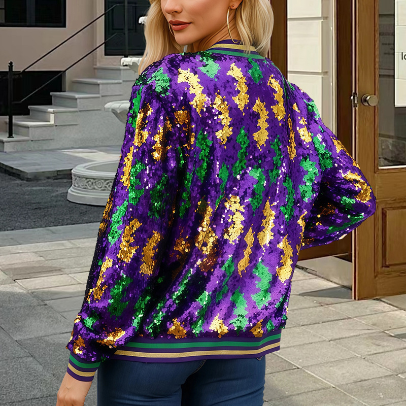 Stand-collar Casual Colorful Jacket With Sequins - Image 3