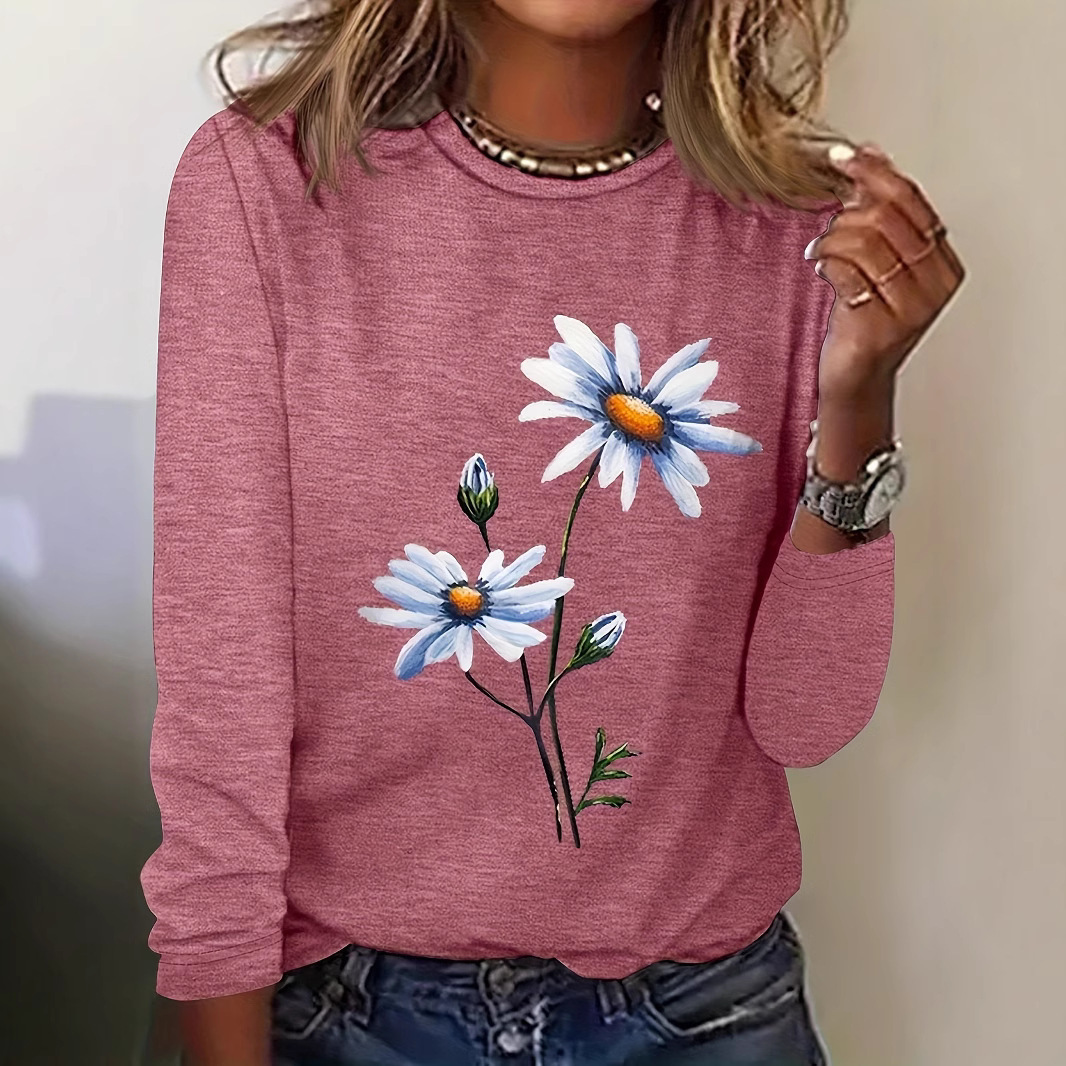 3D Digital print Floral Crew neck Long sleeve Pullover