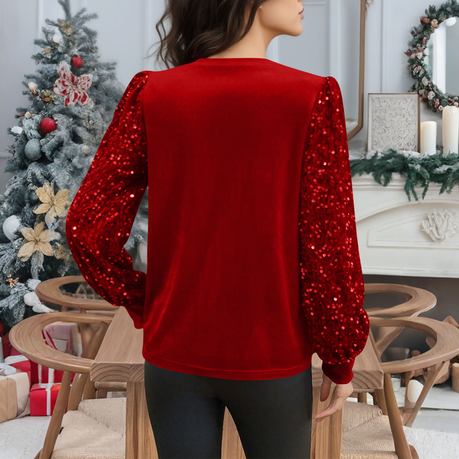 Velvet Crew-Neck Sequin-Patchwork Long-Sleeve T-Shirt Top - Image 7