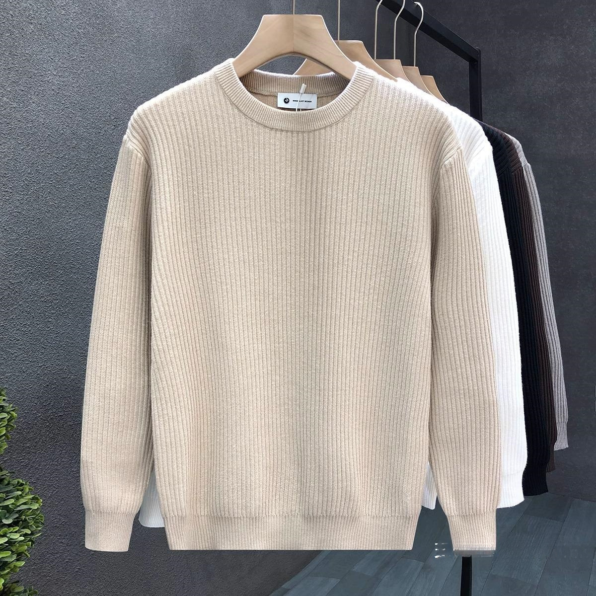 Mens Versatile Simple Solid-Color Apricot Knitted Sweater