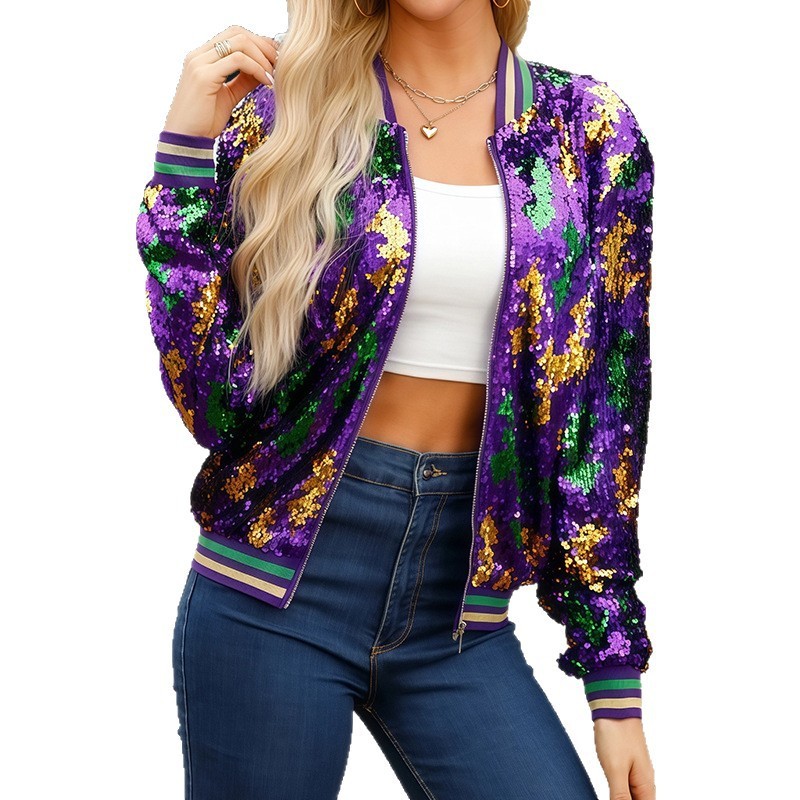 Stand-collar Casual Colorful Jacket With Sequins - Image 5