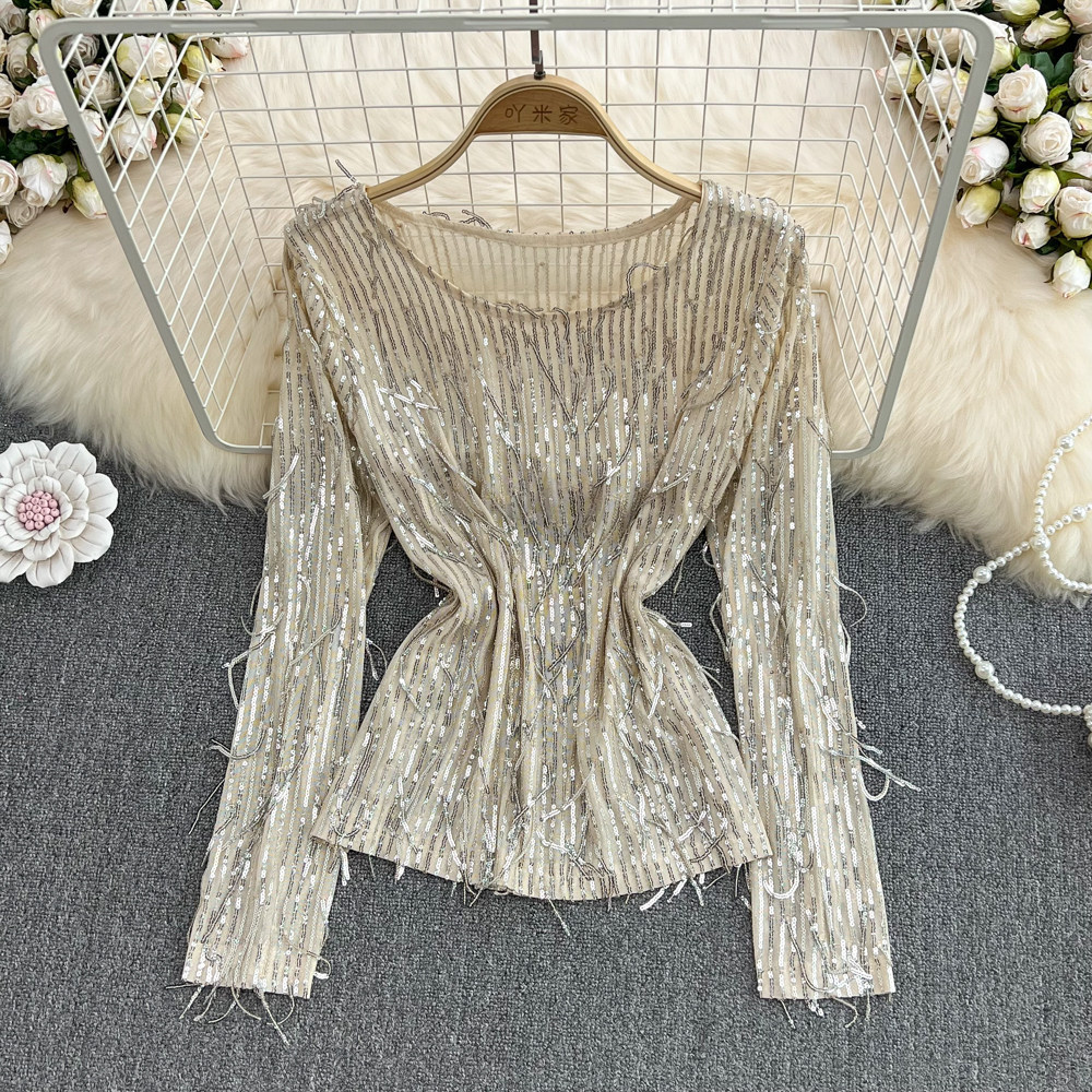 Womens Casual Loose Top With Round Neck Tassels And Sequins - Image 6