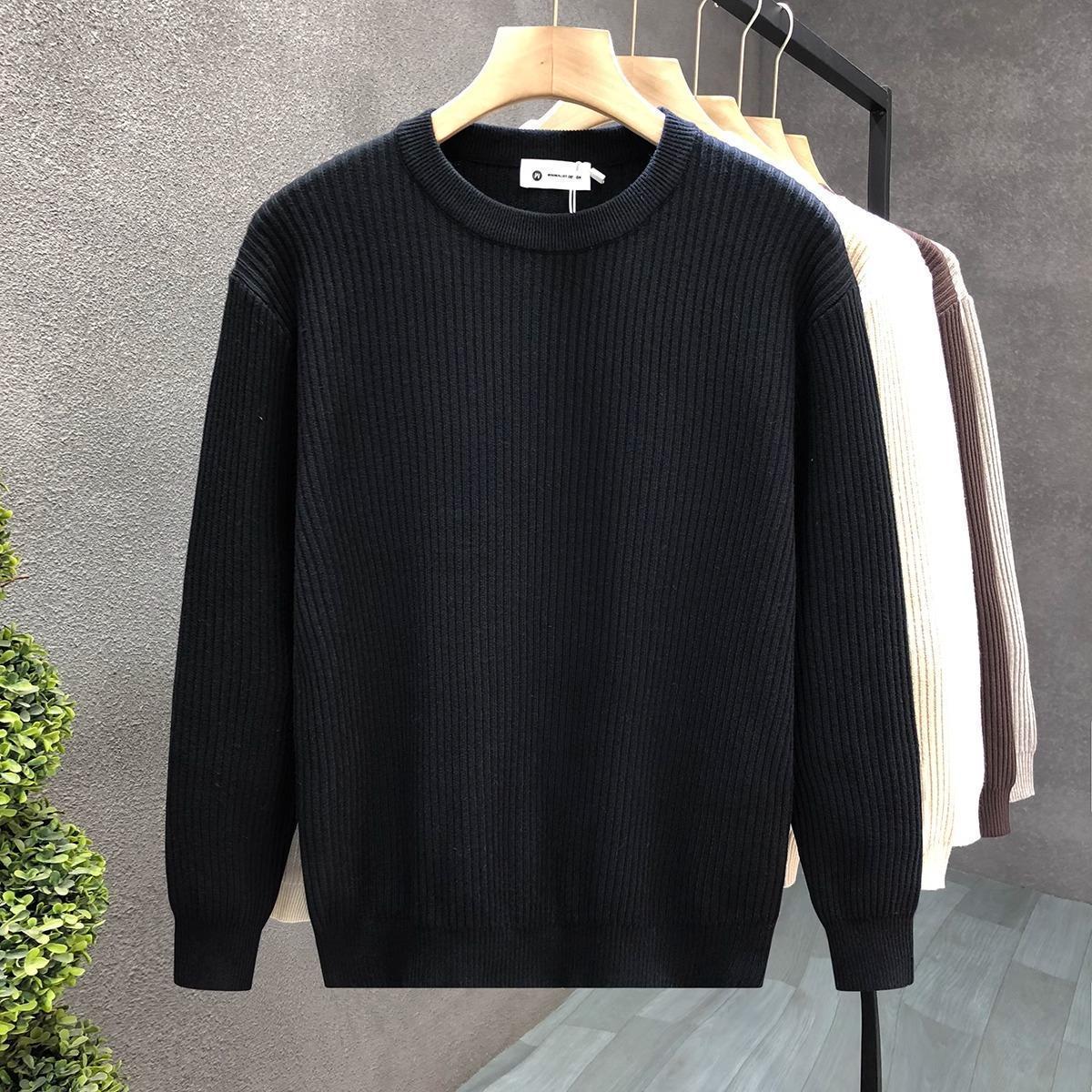 Mens Versatile Simple Solid-Color Apricot Knitted Sweater - Image 9