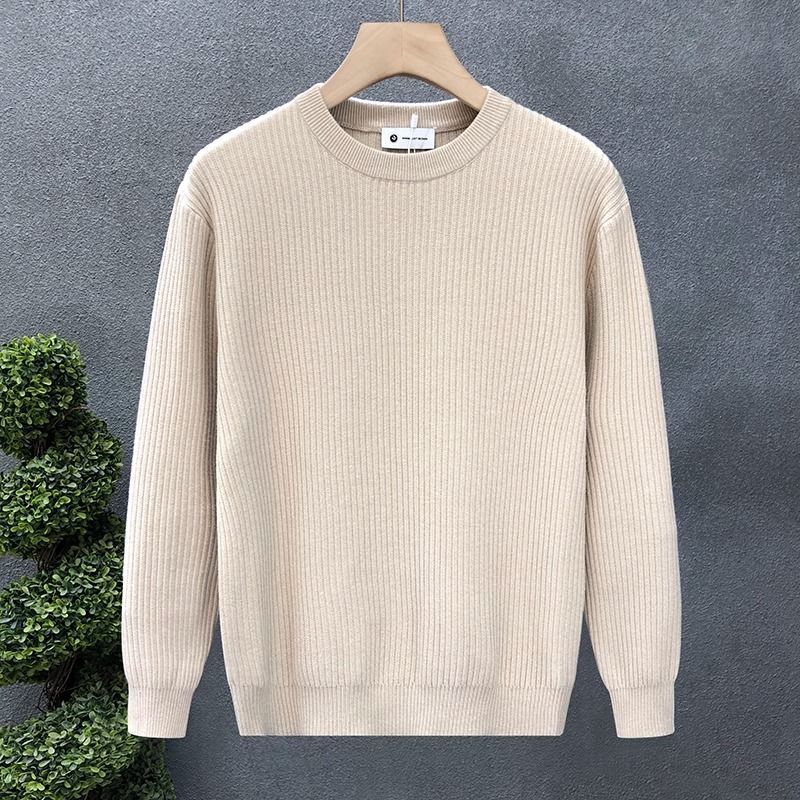 Mens Versatile Simple Solid-Color Apricot Knitted Sweater - Image 3