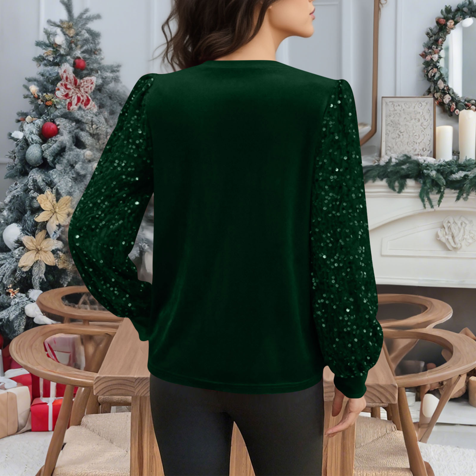 Velvet Crew-Neck Sequin-Patchwork Long-Sleeve T-Shirt Top - Image 5