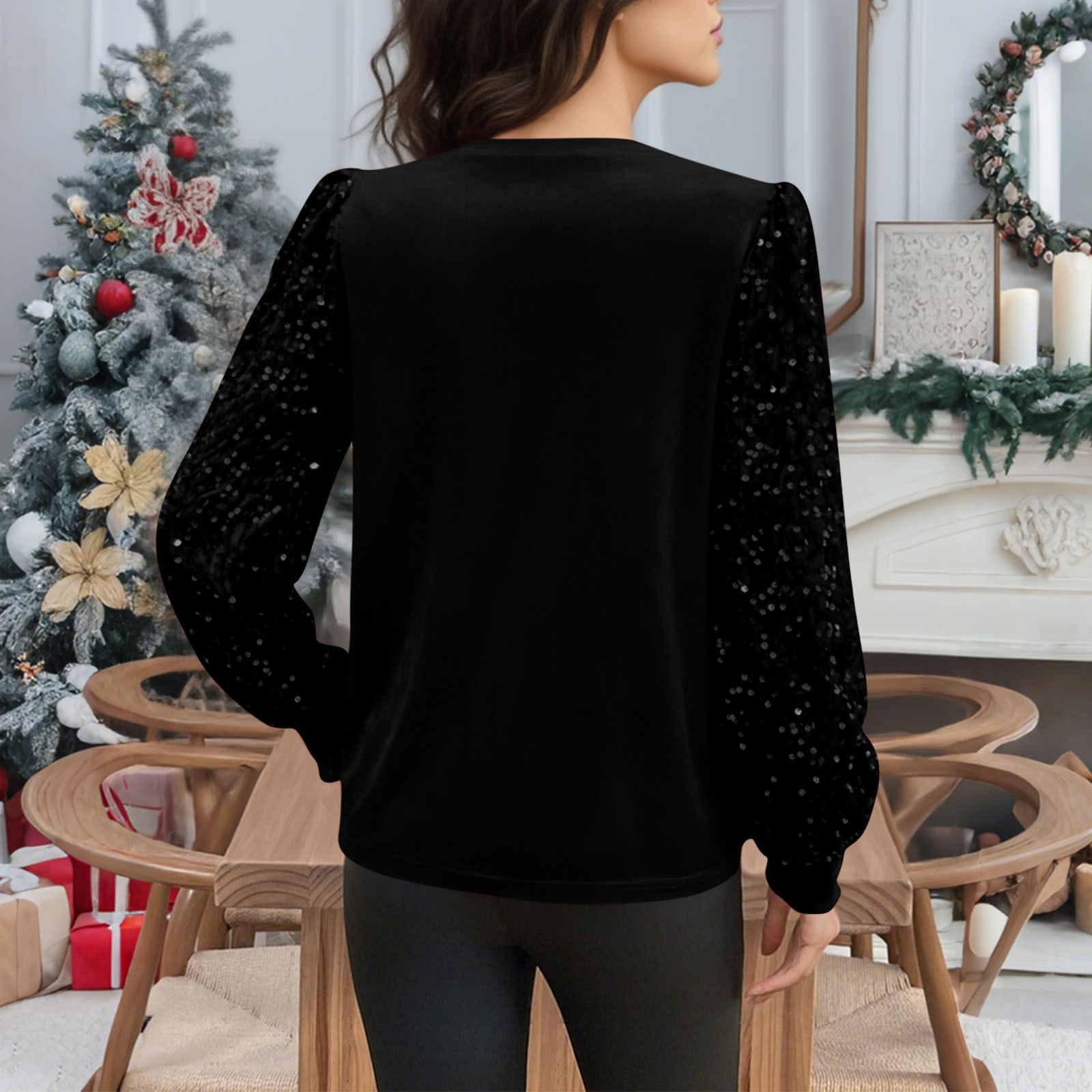 Velvet Crew-Neck Sequin-Patchwork Long-Sleeve T-Shirt Top - Image 4