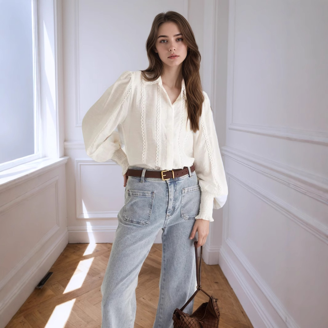 Lantern Sleeve Lace-trimmed White Blouse - Image 3