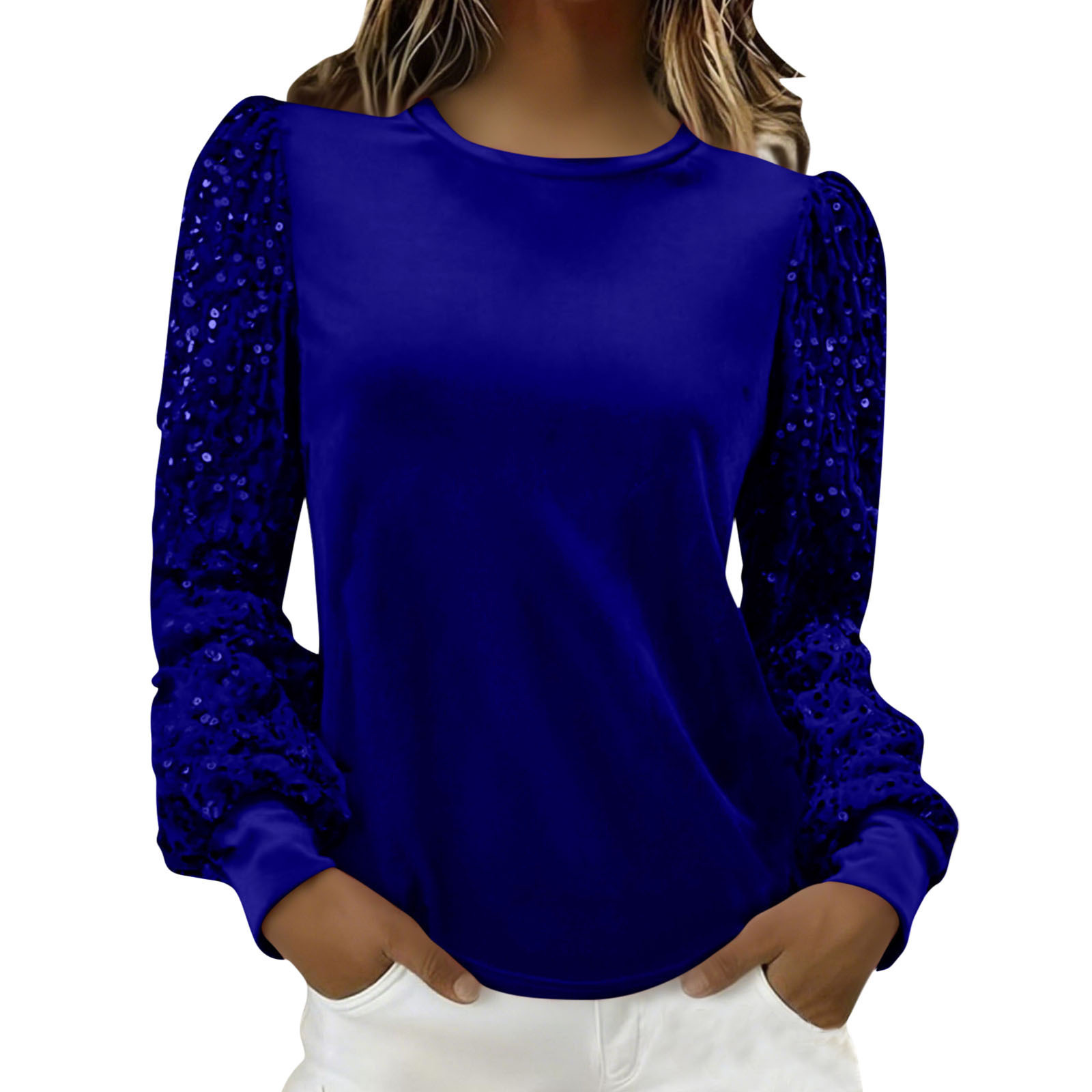 Velvet Crew-Neck Sequin-Patchwork Long-Sleeve T-Shirt Top - Image 3