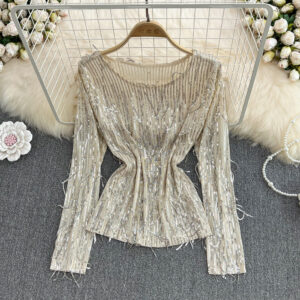 Womens Casual Loose Top With Round Neck Tassels And Sequins