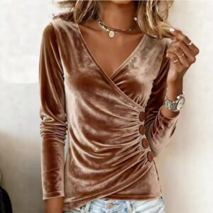 Elegant V-neck Buttoned Long-sleeve Top In A Solid Color For A Chic, Sophisticated Look