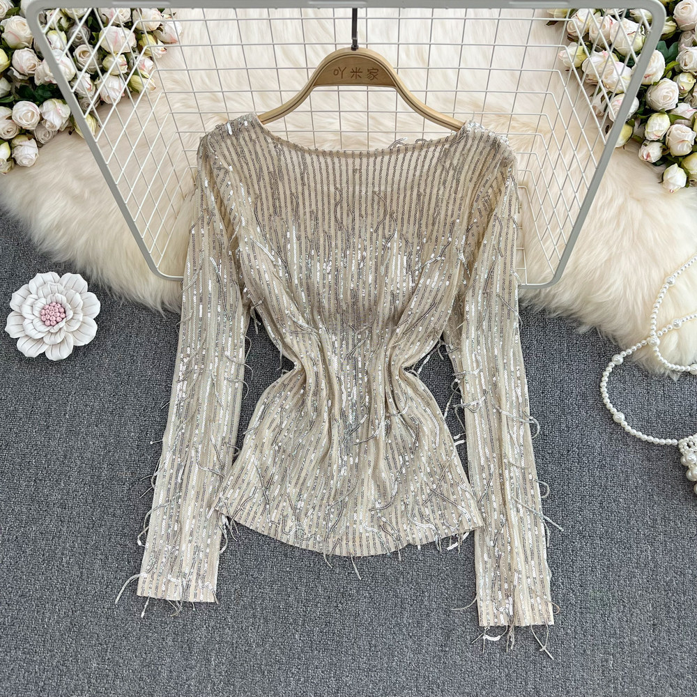 Womens Casual Loose Top With Round Neck Tassels And Sequins - Image 3