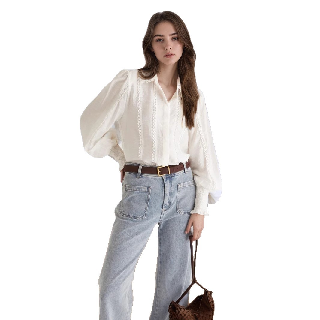 Lantern Sleeve Lace-trimmed White Blouse - Image 6