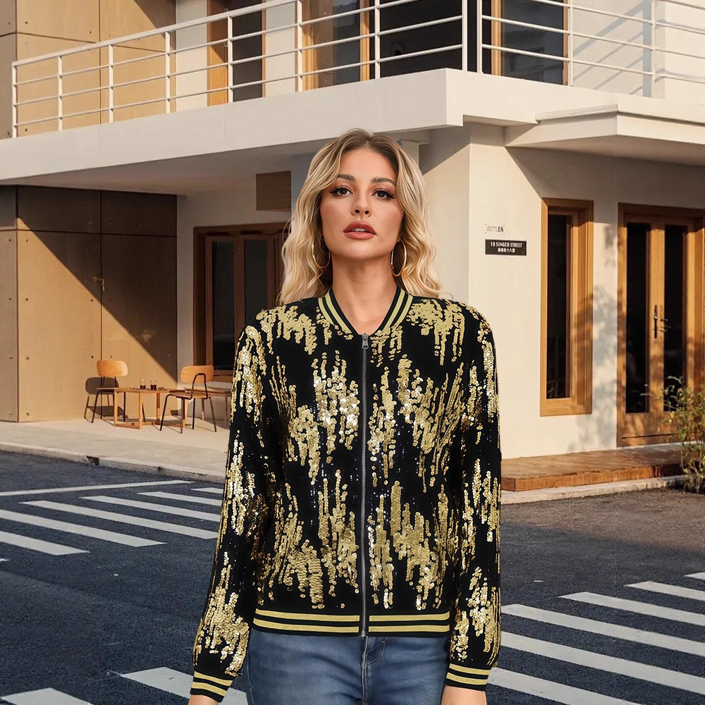 Stand-collar Casual Colorful Jacket With Sequins