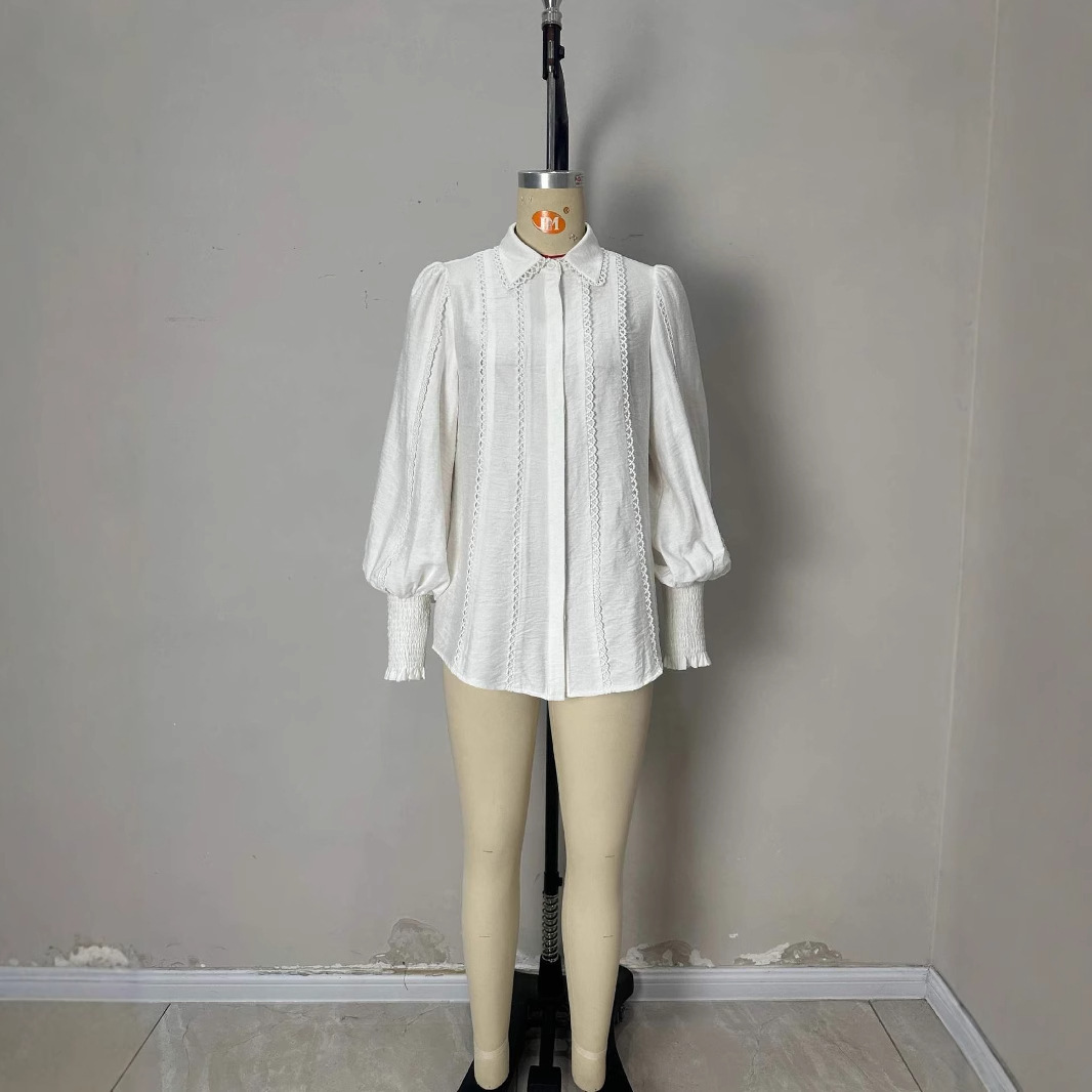 Lantern Sleeve Lace-trimmed White Blouse - Image 2