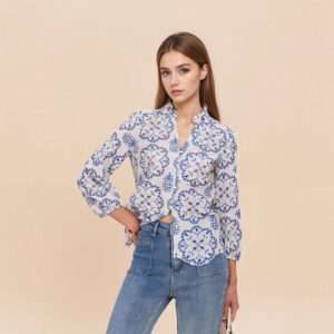 Patterned Stand-up Collar Button-up Top Casual Shirt