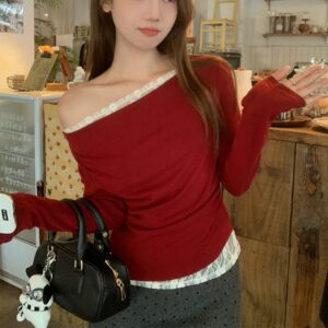 Womens Casual Red Angled Lace-Panel Top